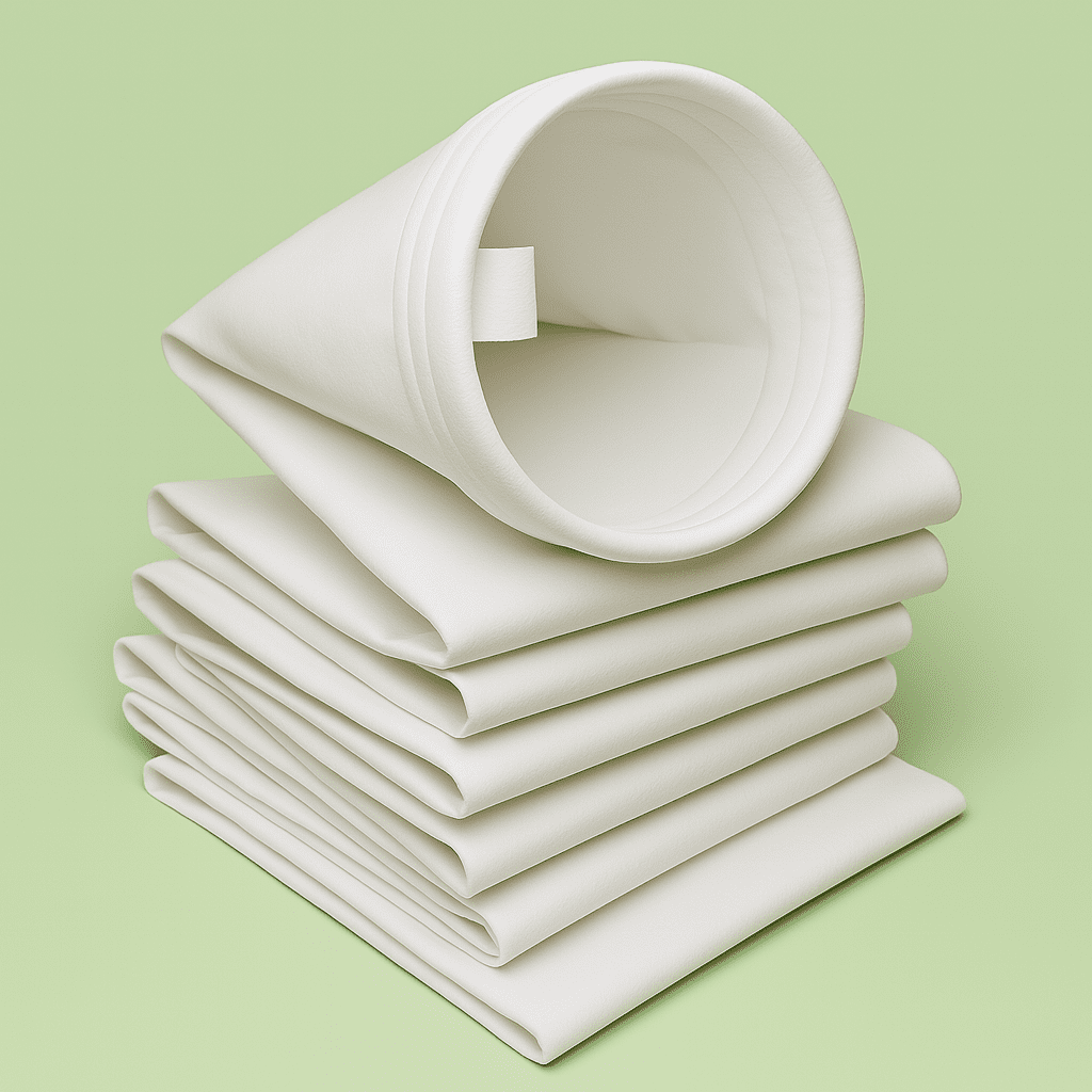 Close-up of a polyester bag filter lying flat on a clean surface