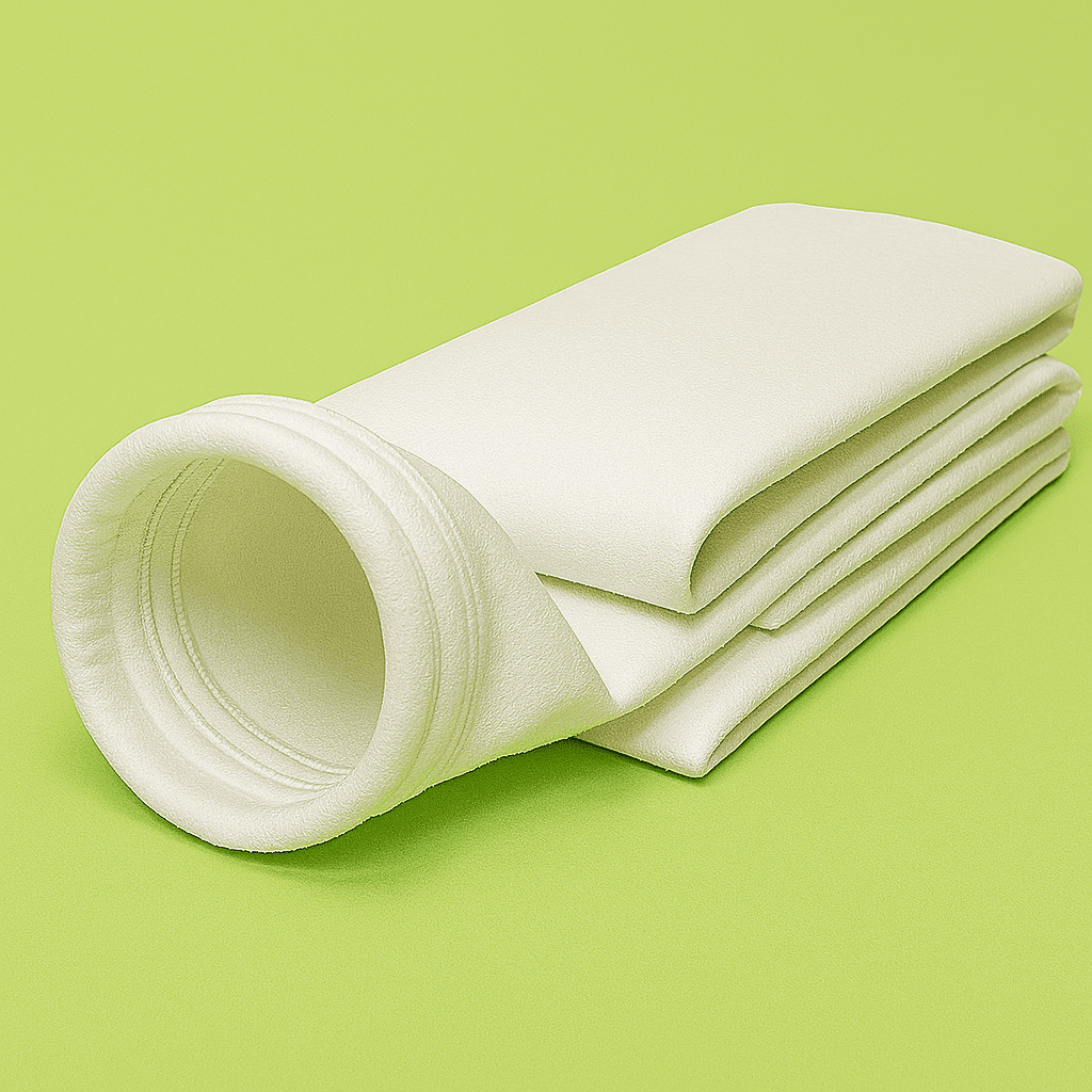 Folded polyester filter bags prepared for installation in industrial dust filtration systems